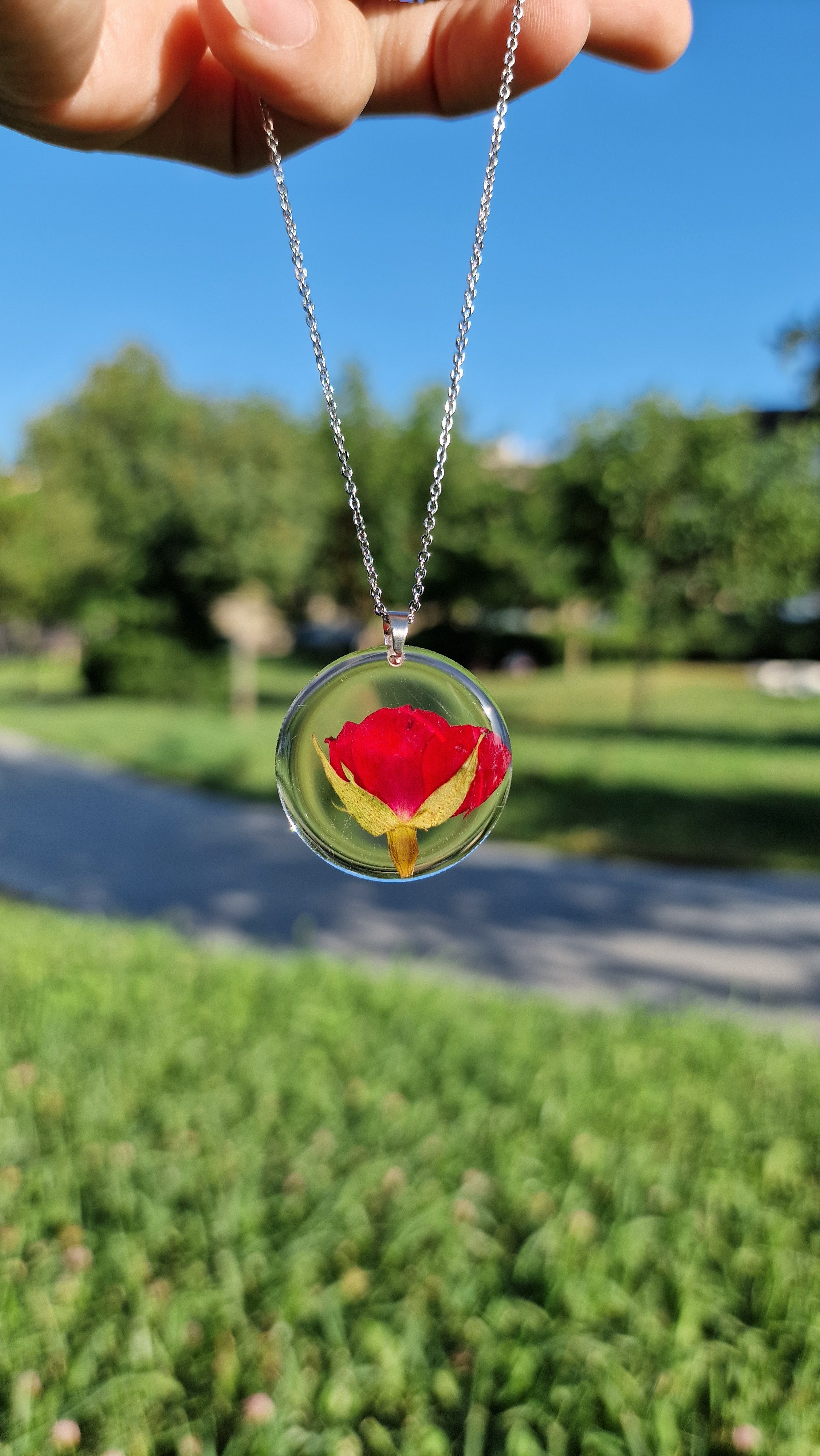 Red rose necklace - Natural dried flower pendant with silver Chain