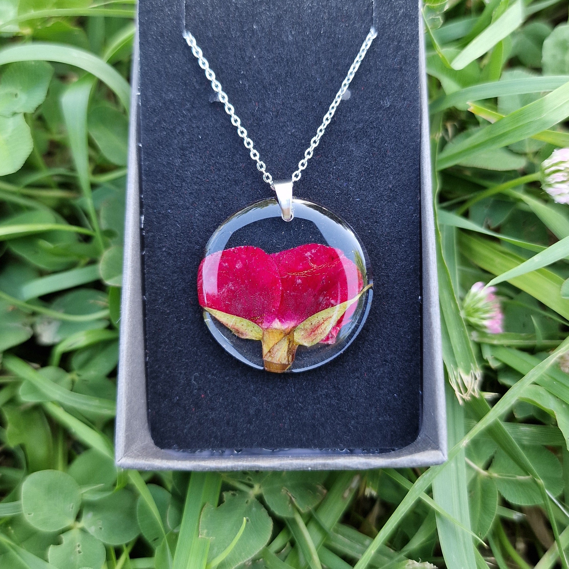 Red rose necklace - Natural dried flower pendant with silver Chain