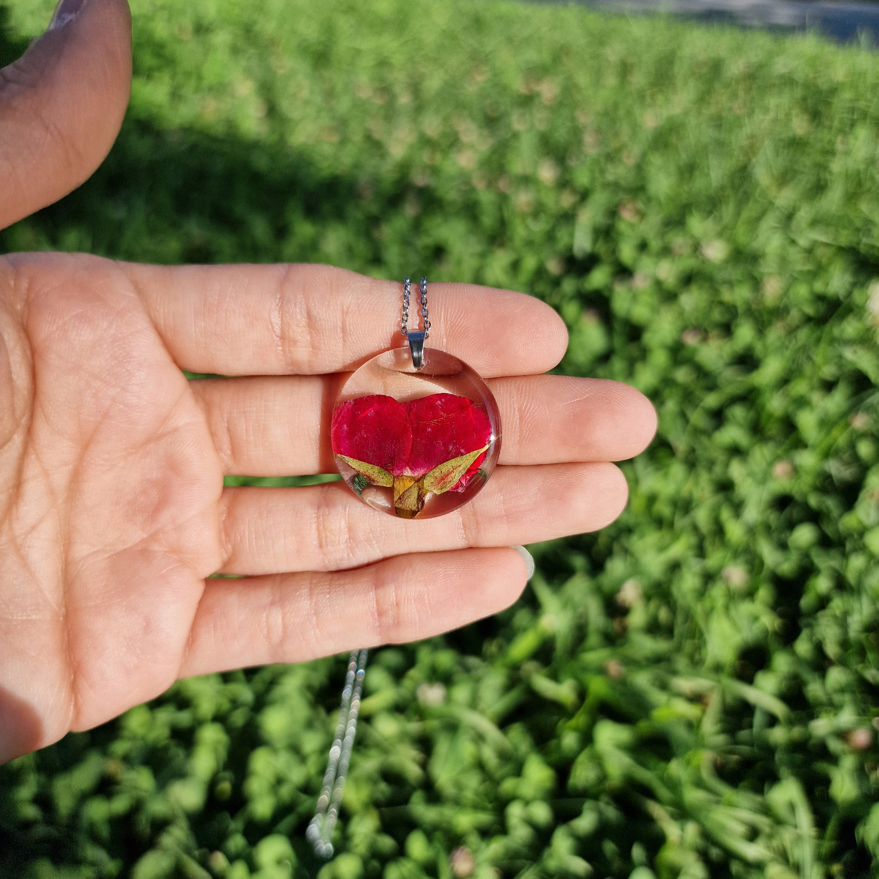 Red rose necklace - Natural dried flower pendant with silver Chain