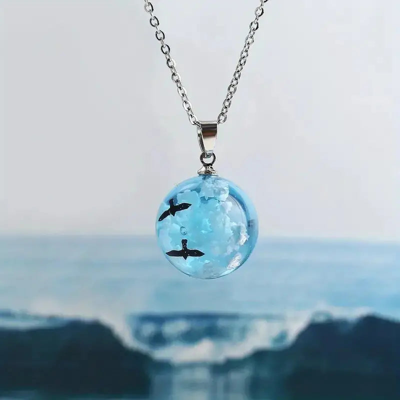 Blue Sky Cloud Resin Necklace, Bird flying in the blue sky Jewelry