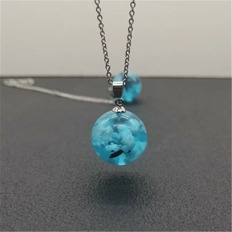 Blue Sky Cloud Resin Necklace, Bird flying in the blue sky Jewelry