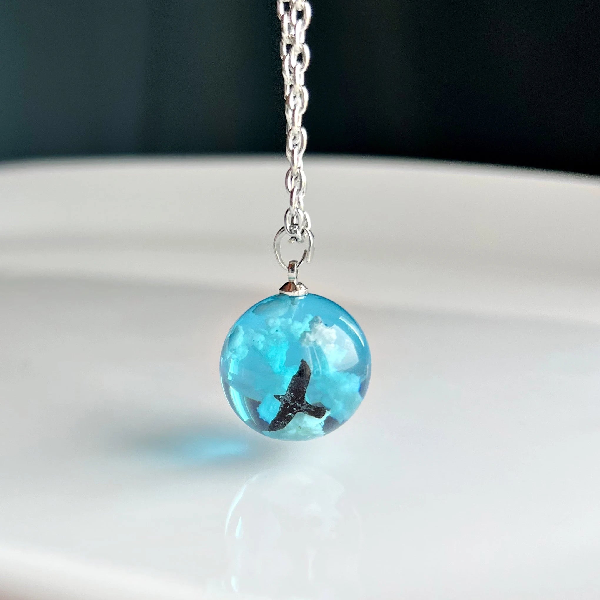 Blue Sky Cloud Resin Necklace, Bird flying in the blue sky Jewelry