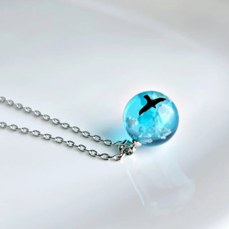 Blue Sky Cloud Resin Necklace, Bird flying in the blue sky Jewelry