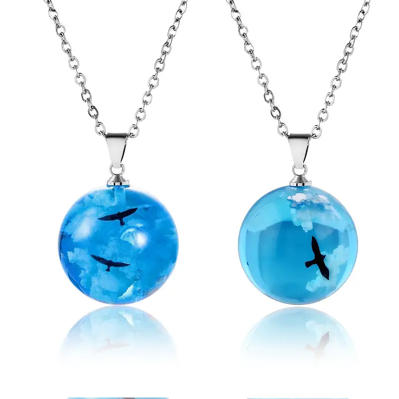 Blue Sky Cloud Resin Necklace, Bird flying in the blue sky Jewelry