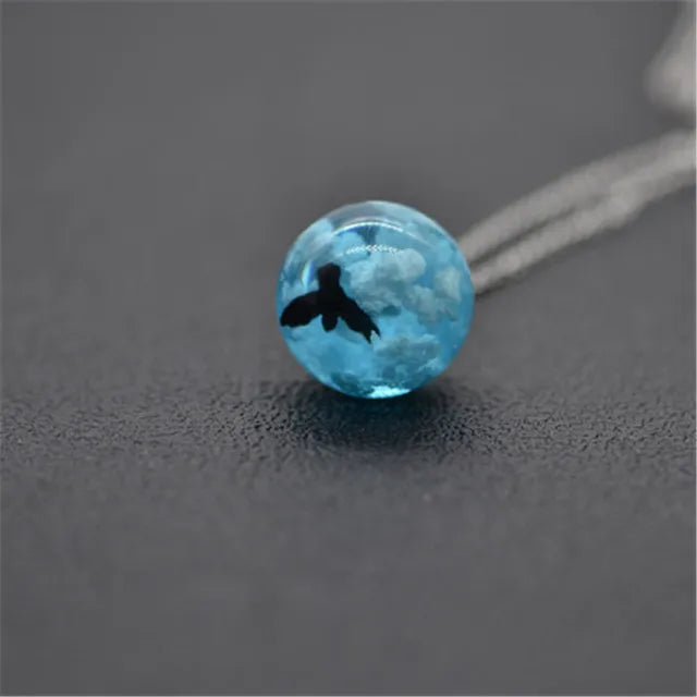 Blue Sky Cloud Resin Necklace, Bird flying in the blue sky Jewelry